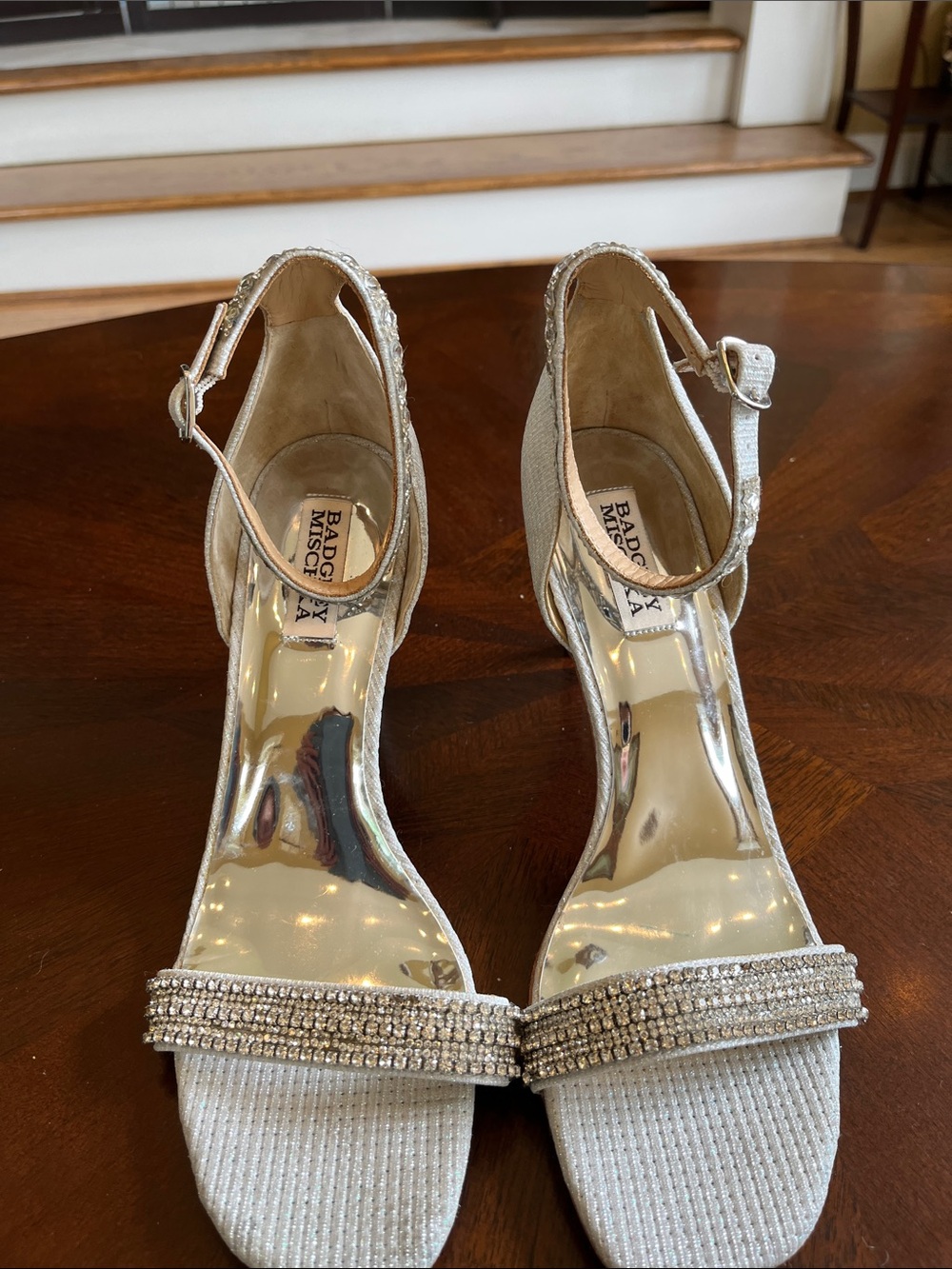 Badgley Mischka Silver Crystal-Trim Ankle Strap Heels